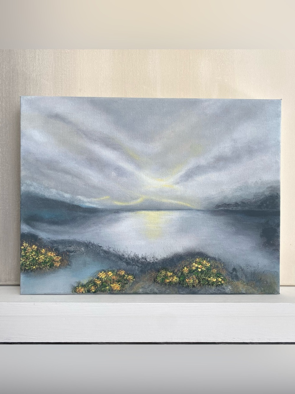 Original Fine Art Mountain Lake Contemporary Blue Grey Sunset wall art shelf art